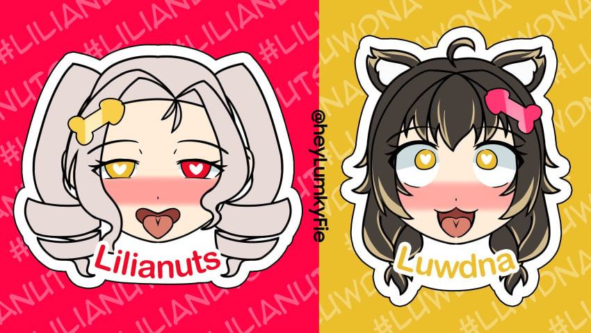 :3 ahe_gao ahegao_face black_hair blush dhampir eyes_half_open eyes_rolling_back grey_hair heart-shaped_pupils heterochromia kensou!! liliana_vampaia lumky_fie lunaris_urufi penis_shaped_accessory red_background red_eyes sticker_template stickers tongue tongue_out twin_drills virtual_youtuber vogi_(vtuber_company) white_outline wolf_ears wolf_girl yellow_background yellow_eyes