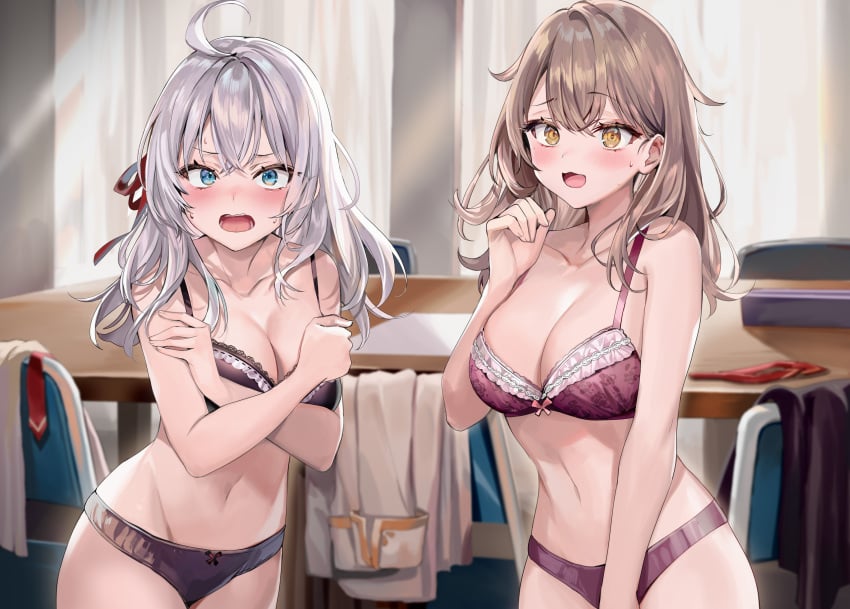 ahoge alisa_mikhailovna_kujou ass_visible_through_thighs bare_arms bare_belly bare_legs bare_shoulders bare_thighs belly_button big_breasts black_bra black_panties blue_eyes blush bra breasts brown_hair cleavage collarbone covering_privates embarrassed groin hair_ribbon indoors long_hair maria_mikhailovna_kujou momoko_(momopoco) novel_illustration official_art open_mouth panties red_bra red_panties russian sisters surprised sweat sweatdrop thighs tokidoki_bosotto_russian_de_dereru_tonari_no_alya-san underwear underwear_only unworn_clothes white_hair yellow_eyes