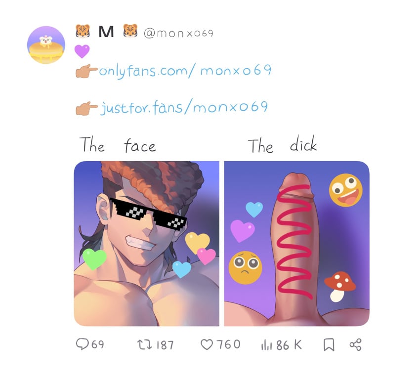 1boy balls big_penis danganronpa face male_only mondo_oowada partially_censored penis pompadour purple_eyes