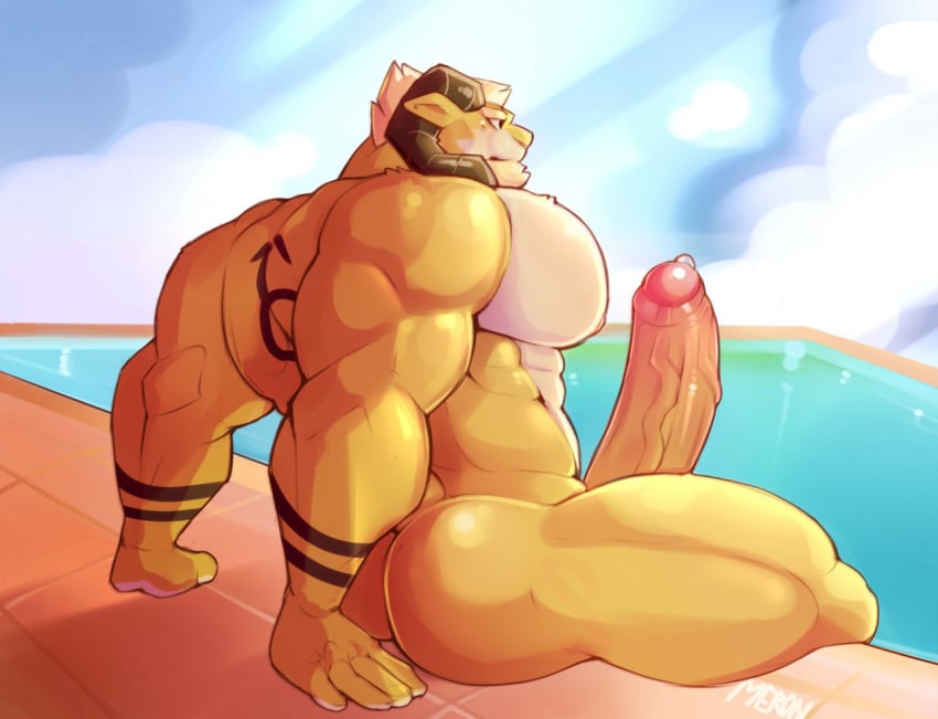 ass balls biceps boner butt cum cumming fur horns horny merong muscle muscle_furry musclefur muscles muscular muscular_body muscular_furry penis pool pre_cum ram sheep sitting_on_edge swimming_pool tattoos triceps volt_(asylum_rhapsody) yellow_fur