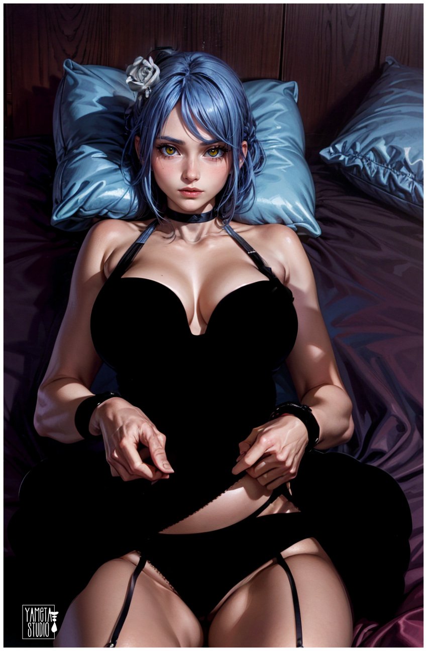 ai_generated blue_hair fanart female konan leather leather_straps lingerie looking_at_viewer makeup naruto naruto_(series) naruto_shippuden on_back on_bed ornament short_hair yametastudio yellow_eyes