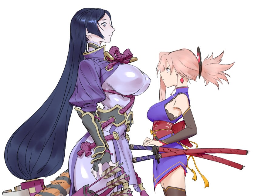 2girls angry arrow_(projectile) bare_shoulders blue_eyes breasts commentary cube_hair_ornament detached_sleeves earrings fate/grand_order fate_(series) hair_ornament height_difference highres huge_breasts japanese_clothes jewelry katana kimono large_breasts long_hair looking_at_another looking_down looking_up low-tied_long_hair luca_xu minamoto_no_raikou_(fate) miyamoto_musashi_(fate) miyamoto_musashi_(first_ascension)_(fate) multiple_girls obi pink_hair ponytail puffy_sleeves purple_hair quiver red_rope rope sash scabbard sheath short_kimono simple_background size_difference skin_tight sword vambraces very_long_hair weapon white_background zettai_ryouiki