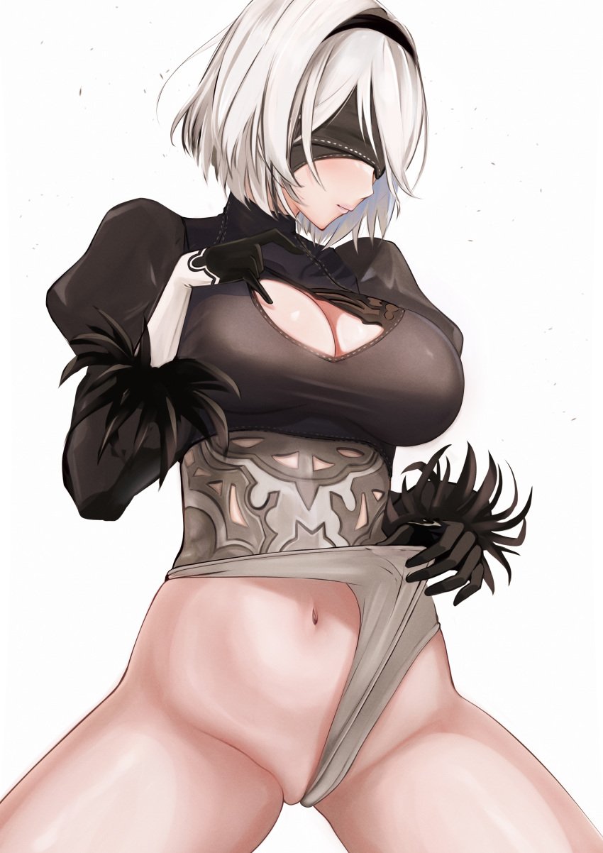 1girls 462vvv absurdres black_blindfold black_dress black_hairband black_thighhighs blindfold boots breasts clothing_cutout covered_eyes dress gloves hairband highres juliet_sleeves leotard long_sleeves mole mole_under_mouth nier:_automata nier_(series) puffy_sleeves short_hair solo thighhighs white_hair yorha_2b