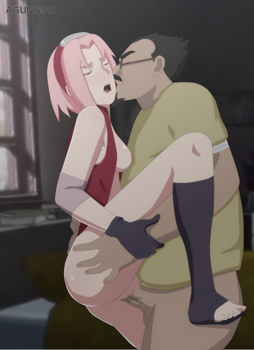 1boy 1girls agung911 ass ass_grab black_hair breasts closed_eyes clothed_sex dokku edit erect_nipples facial_hair feet female forehead_protector glasses headband kiss large_penis male naruto naruto_shippuden nipples nude open_mouth penis pink_hair pussy sakura_haruno sex short_hair small_breasts spiked_hair vaginal_penetration