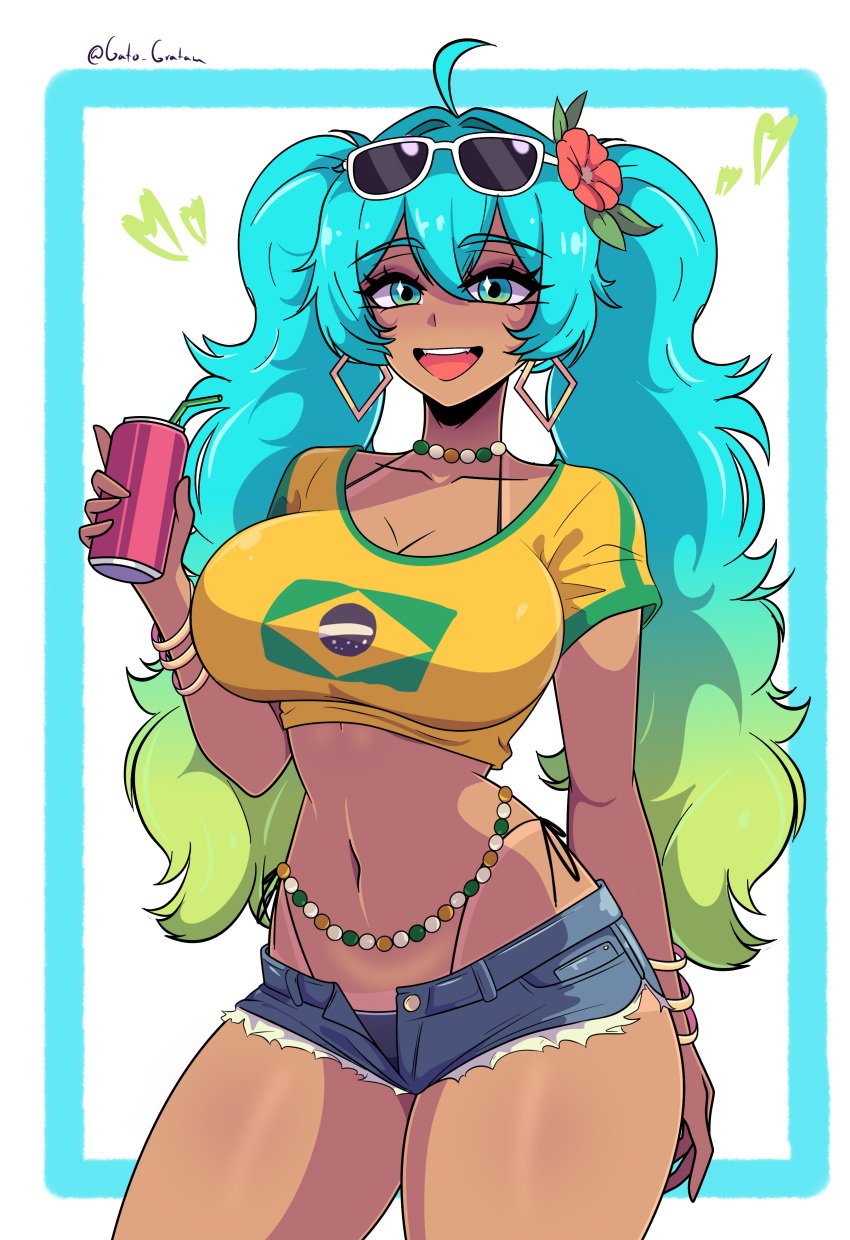 1girls absurdres ass beads big_ass big_breasts big_thighs brazil brazilian brazilian_female brazilian_miku breasts butt crop_top dark-skinned_female dark_skin denim denim_shorts female gato_gratam glasses_on_head gradient_hair hatsune_miku highres huge_ass huge_breasts huge_thighs multicolored_hair navel shorts solo thick_hips thick_thighs thighs vocaloid waist_beads