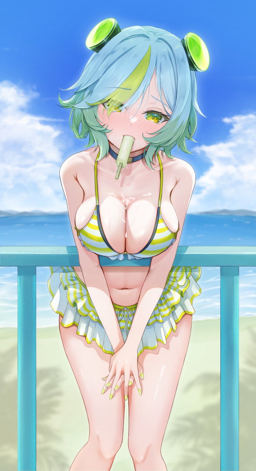 13seisei absurdres aqua_hair bikini breasts choker cleavage female fence food food_in_mouth gradient_hair green_eyes green_hair head_tilt highres looking_at_viewer monster_strike morse_alpha_(monster_strike) multicolored_hair nail_polish navel outdoors popsicle popsicle_in_mouth solo striped_bikini striped_clothes swimsuit swimsuit_skirt