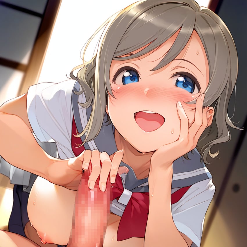 ai_generated blue_eyes blush breasts brown_hair female glansjob legs love_live! love_live!_sunshine!! open_mouth school_uniform sex short_hair skirt smile thighs watanabe_you