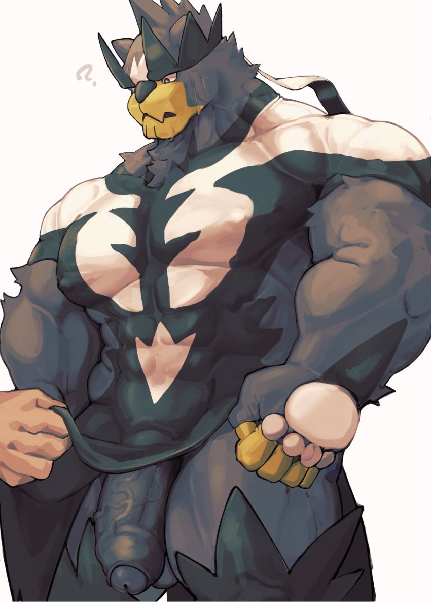 azuma_kemono black_penis digital_drawing_(artwork) digital_media_(artwork) foreskin fur genitals glans hi_res male male_only muscular muscular_male nintendo nipples penis pokemon simple_background solo standing urshifu white_background