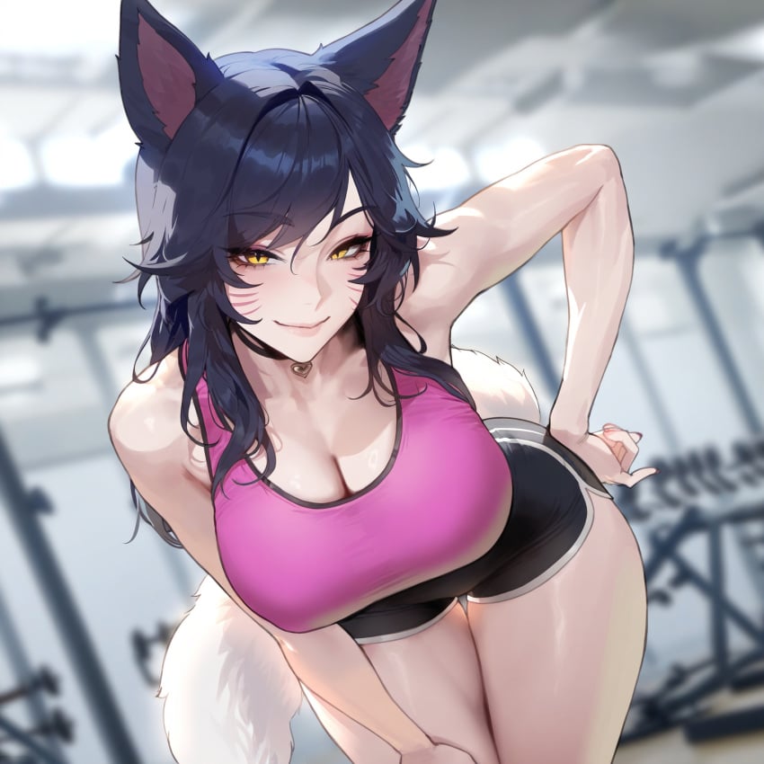 1:1 1girls absurd_res ahri ai_generated animal_ears bare_arms black_hair blurry_background cleavage dolphin_shorts facial_markings female female_only fox_ears fox_girl fox_tail gym_clothes hand_on_hip huge_breasts indoors kemonomimi kumiho large_breasts league_of_legends leaning_forward liu_(artist) looking_at_viewer necklace presenting riot_games seductive shorts slit_pupils smiling solo sports_bra sportswear tail thickness tilted_head vastaya voluptuous voluptuous_female whisker_markings yellow_eyes