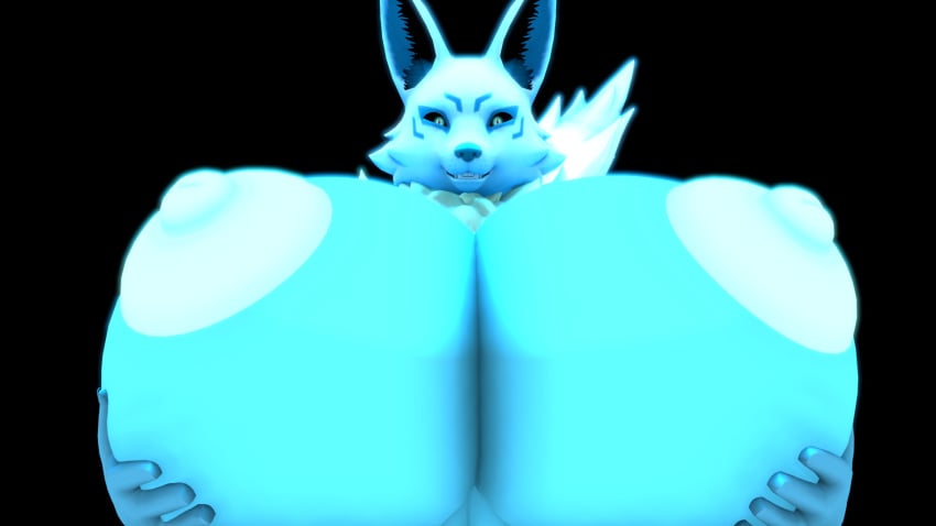 3d_(artwork) anthro big_breasts blizzard_entertainment blue_eyes breast_squish breasts canid canine digital_media_(artwork) female fox glowing hi_res hyper kiriko_(overwatch) mammal ohdeerydeer overwatch smile smiling_at_viewer solo source_filmmaker_(artwork) squish