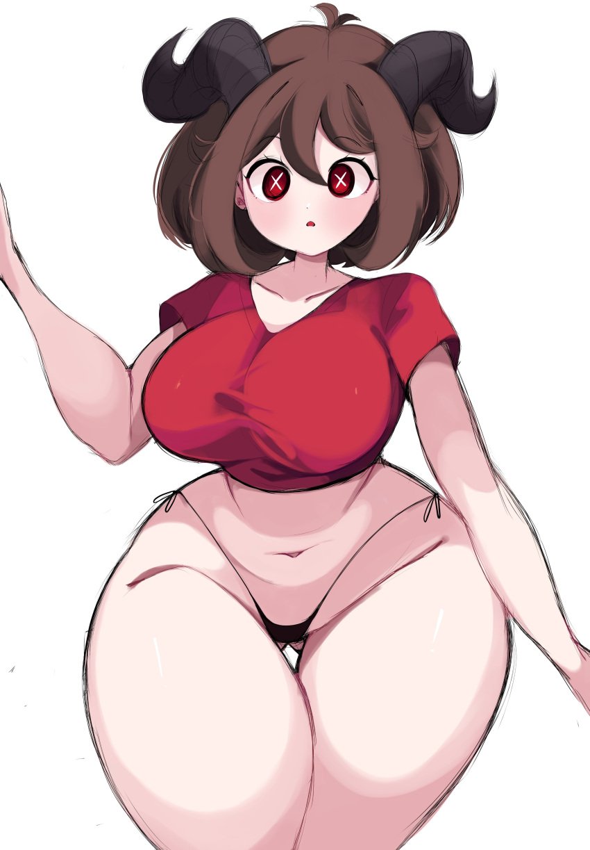 almost_naked big_breasts bikini brown_hair emi_(gazericc) gazericc light-skinned_female no_background original original_character ram_horn red_eyes short_hair slightly_chubby thick_thighs