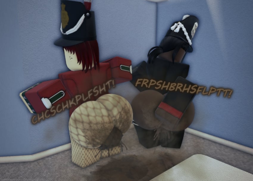 2girls ass ass_focus big_ass black_hair bloxsknecht dark-skinned_female dark_skin female female_only fishnets guts_&_blackpowder guts_and_blackpowder hat light-skinned_female light_skin military roblox scat soiling tagme thighhighs