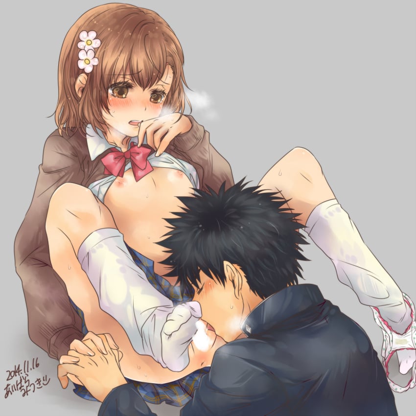 10s 1boy 1boy1girl 1girls 2014 aibara_mitsuki anus axfa black_hair blush brown_eyes brown_hair censored cunnilingus curled_toes dated female flushed hair hair_ornament hairpin highres holding_hands human kamijou_touma kneehighs loose_socks male misaka_mikoto nipples no_bra oral panties_around_ankles pussy school_uniform schoolboy schoolgirl short_hair small_breasts socks spiked_hair stained_panties straight teenage_boy teenage_couple teenage_girl teenager teenager_on_teenager to_aru_kagaku_no_railgun to_aru_majutsu_no_index tokiwadai_school_uniform white_socks young
