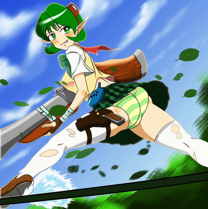 ass chacrawarrior clothing cosplay crossover female female_only green_eyes green_hair hairband insomniac_games kokiri ocarina_of_time panties pantyshot pointy_ears saria shimapan short_hair skirt solo striped striped_panties sunset_overdrive the_legend_of_zelda underwear upskirt