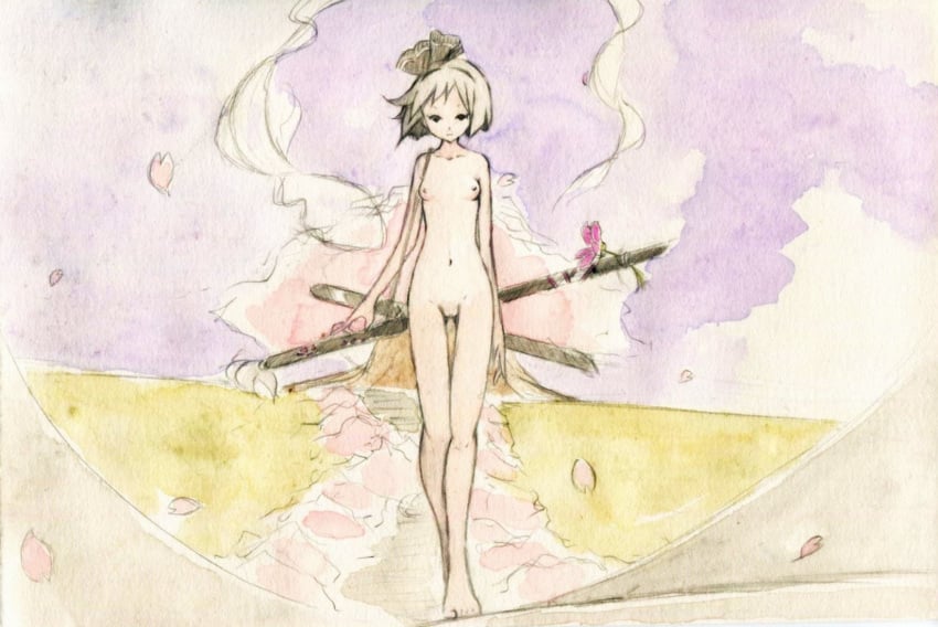 1girls bob_cut breasts collarbone expressionless feet female female_only flower full_body hairband highres katana looking_at_viewer moodame navel nipples nude pussy scabbard scan sheathed short_hair skinny small_breasts solo standing sword touhou traditional_media wakizashi walking watercolor_(medium) weapon white_hair youmu_konpaku youmu_konpaku_(ghost)