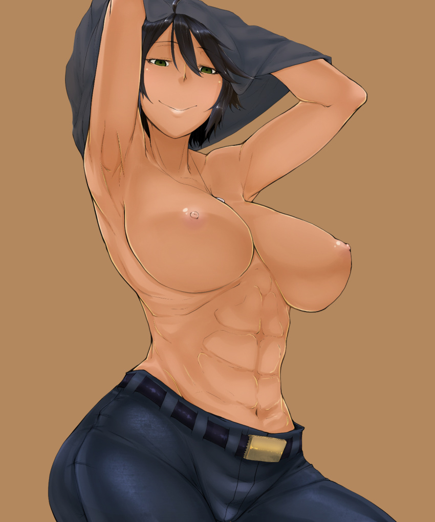 abs armpits arms_up bakuya belt black_hair breasts brown_background chequita commentary_request denim dog_tags female green_eyes highres huge_breasts jeans jormungand light_areolae looking_down navel nipples pants shirt_over_head short_hair simple_background smile solo tan topless