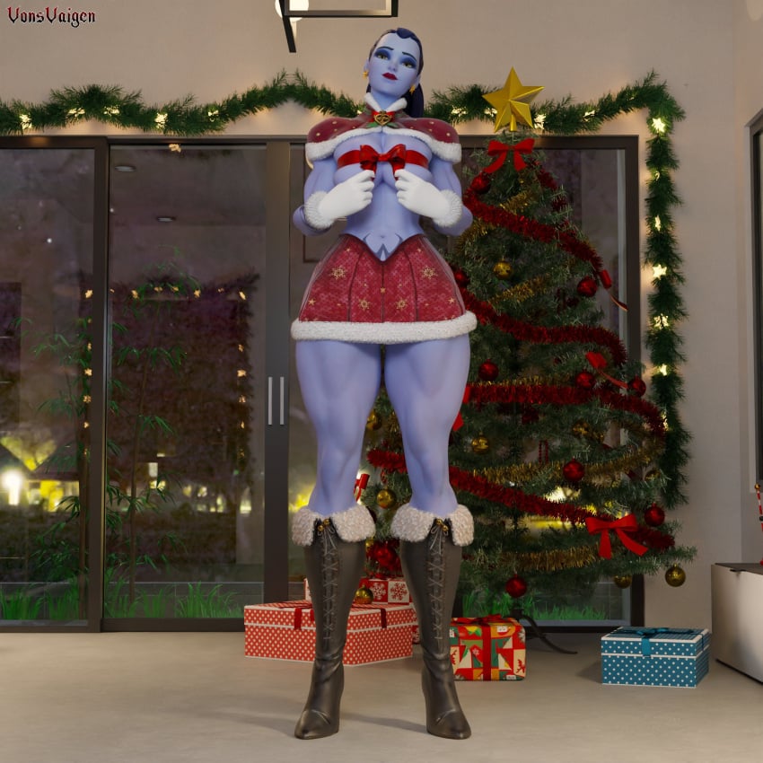 1girls 3d abs amelie_lacroix ass big_ass big_breasts black_fingernails black_nails black_thong blizzard_entertainment blue_hair christmas christmas_lingerie christmas_outfit christmas_tree female female_only fit fit_female high_heel_boots high_heels looking_at_viewer muscular muscular_female muscular_thighs no_pants oiled oiled_skin oily overwatch overwatch_2 ponytail purple-skinned_female purple_skin skirt solo solo_female tattoo tattoo_on_stomach thick_thighs thong thunder_thighs vonsvaigen wide_hips widowmaker yellow_eyes