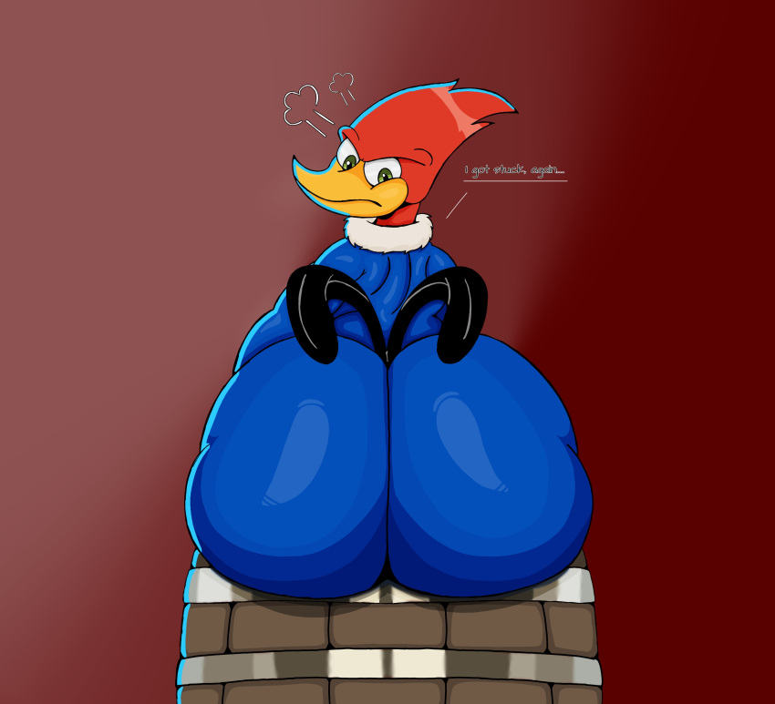 absurd_res anthro ass avian beak big_butt bird digital_media_(artwork) feathers hi_res huge_butt male mammal nitrozo nude picid simple_background solo text the_woody_woodpecker_show universal_studios woodpecker woody_woodpecker