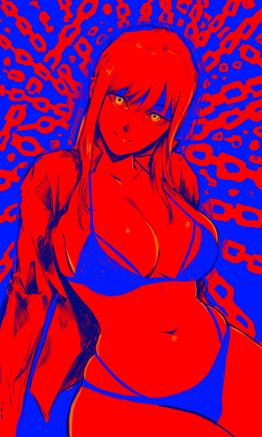 absurdres blue_background breasts chainsaw_man female highres large_breasts looking_at_viewer makima_(chainsaw_man) medium_hair missfaves monochrome partially_colored red_hair red_theme sidelocks simple_background solo swimsuit twitter_username yellow_eyes