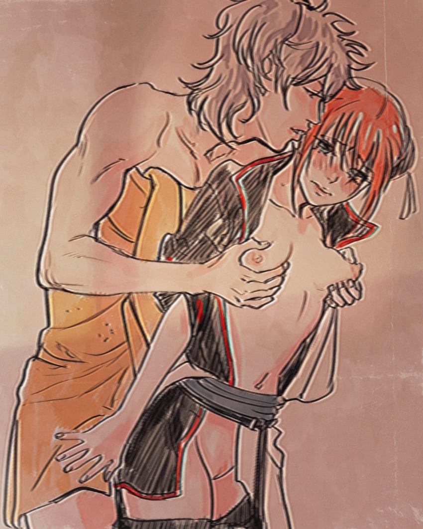 1boy 1girls blush bun_cover canon_crossdressing crossdressing double_bun female gintama gintoki_sakata groping groping_breasts groping_from_behind hair_ornament kagura_(gintama) male meguzm no_bra no_panties official_alternate_costume open_shirt orange_hair paako pants_down pussy small_breasts towel twintails uncensored wearing_others_clothes wig