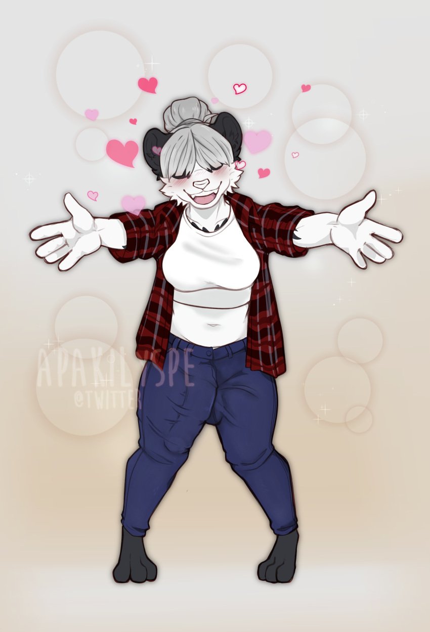 absurd_res aimi_(sleepysushiroll) anthro apakilyspe balls_outline bear blush bottomwear bulge clothing crop_top denim denim_bottomwear denim_clothing flannel genital_outline genitals giant_panda gynomorph heart hearts_around_body hi_res hug_invitation hug_request intersex jeans mammal pants penis penis_outline shirt solo topwear