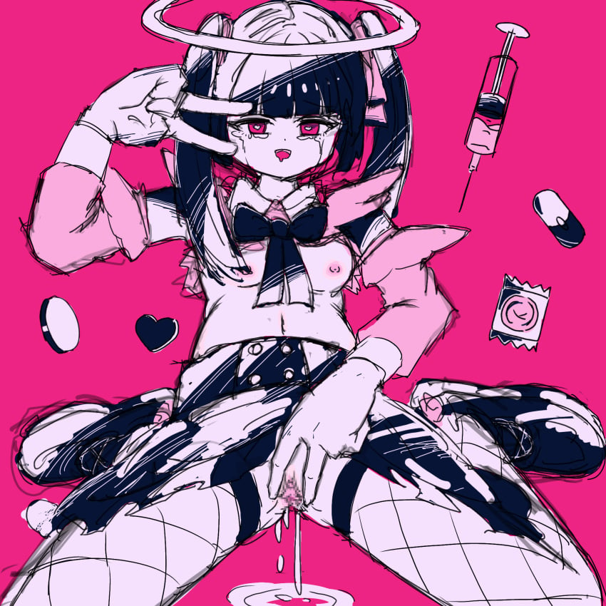 1girls ahe_gao black_bow black_hair black_skirt bow breasts_out condom_wrapper darling_dance_(vocaloid) drugs female female_only fishnets halo heart kairiki_bear mv_character nana_(nou) pill pink_background pink_serafuku player1_(user_71958073) pleated_skirt pussy pussy_juice pussy_juice_drip serafuku simple_background sitting skirt skirt_lift small_breasts solo solo_female spread_legs spread_pussy syringe tears twintails v vagina vocaloid wariza yami_kawaii