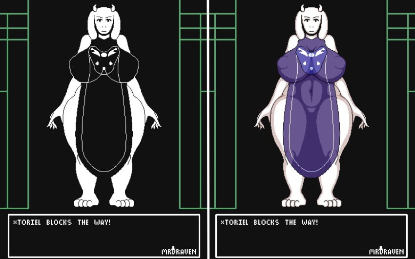 1girls 2d alternate_version_available artist_signature black_background dress female female_only gameplay_mechanics hi_res huge_breasts hyper_breasts hyper_thighs milf mostly_nude mrdraven nipple_bulge pixel_art sharp_nails solo sprite_art tagme text thin_clothing toriel two_versions undertale undertale_(series)