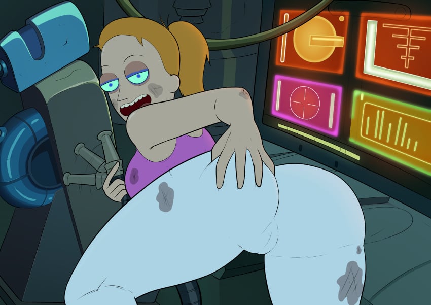 adult_swim ass background breasts clothing color curvy diklonius female female_only hi_res huge_ass looking_at_viewer ponytail pussy_visible_through_clothes red_hair rick_and_morty stained_clothes summer_smith thick_thighs