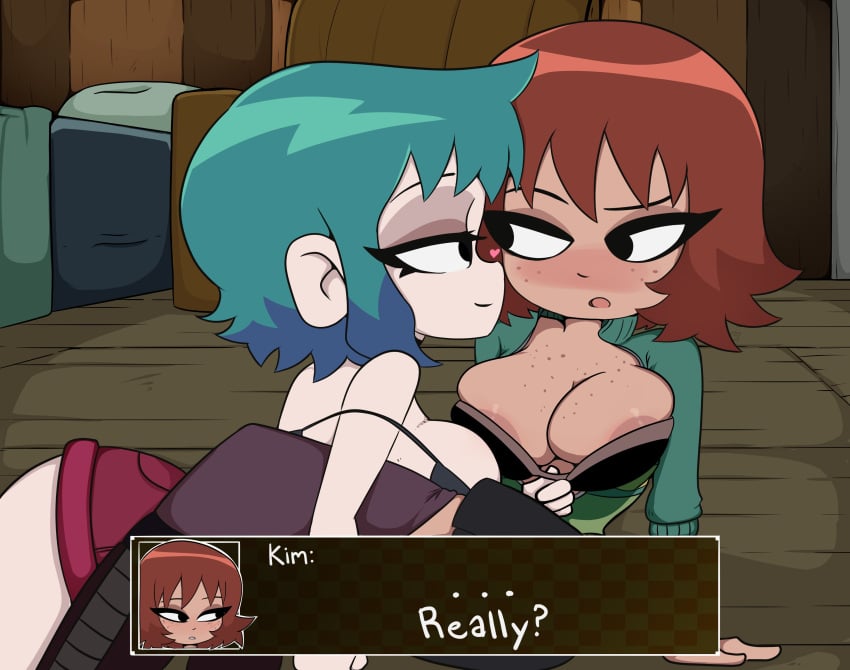 ... 2girls bigmantis black_eyes blue_hair bra bra_pull clothed dark_blue_hair female female_only freckles freckles_on_breasts freckles_on_face heart kim_pine ramona_flowers red_hair scott_pilgrim short_hair yuri