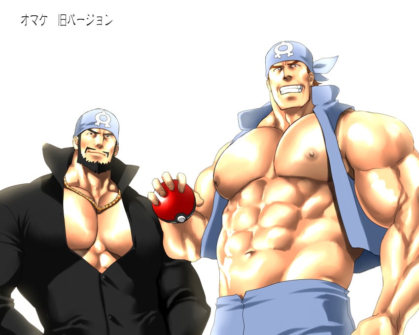 2boys archie_(pokemon) bara clothing fully_clothed male male_only matt_(pokemon) muscles muscular nintendo pokemon pokemon_rse rabbit_(artist) rabbit_(pixiv744412) team_aqua