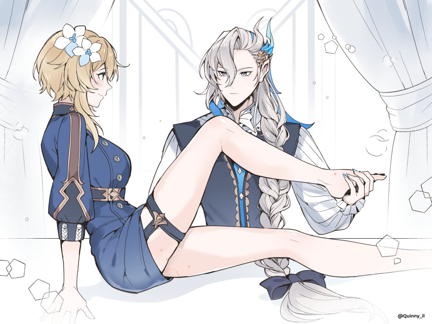 1boy 1girls bare_legs bite_mark bite_mark_on_thigh braid braided_hair female flower_in_hair genshin_impact hickey hickey_marks hickeys_on_thighs holding_foot legs light_skin long_hair long_hair_male looking_at_partner lumine_(genshin_impact) male male/female neuvillette_(genshin_impact) quinny_il straight