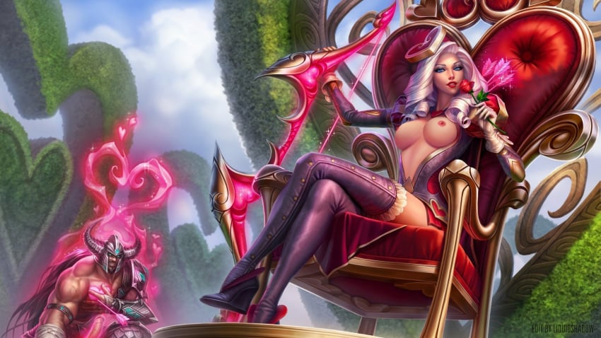 ashe_(league_of_legends) blue_eyes breasts eyebrows eyelashes heartbreakers_series heartseeker_ashe league_of_legends liquidshadow long_hair red_lipstick slim tagme tryndamere white_hair