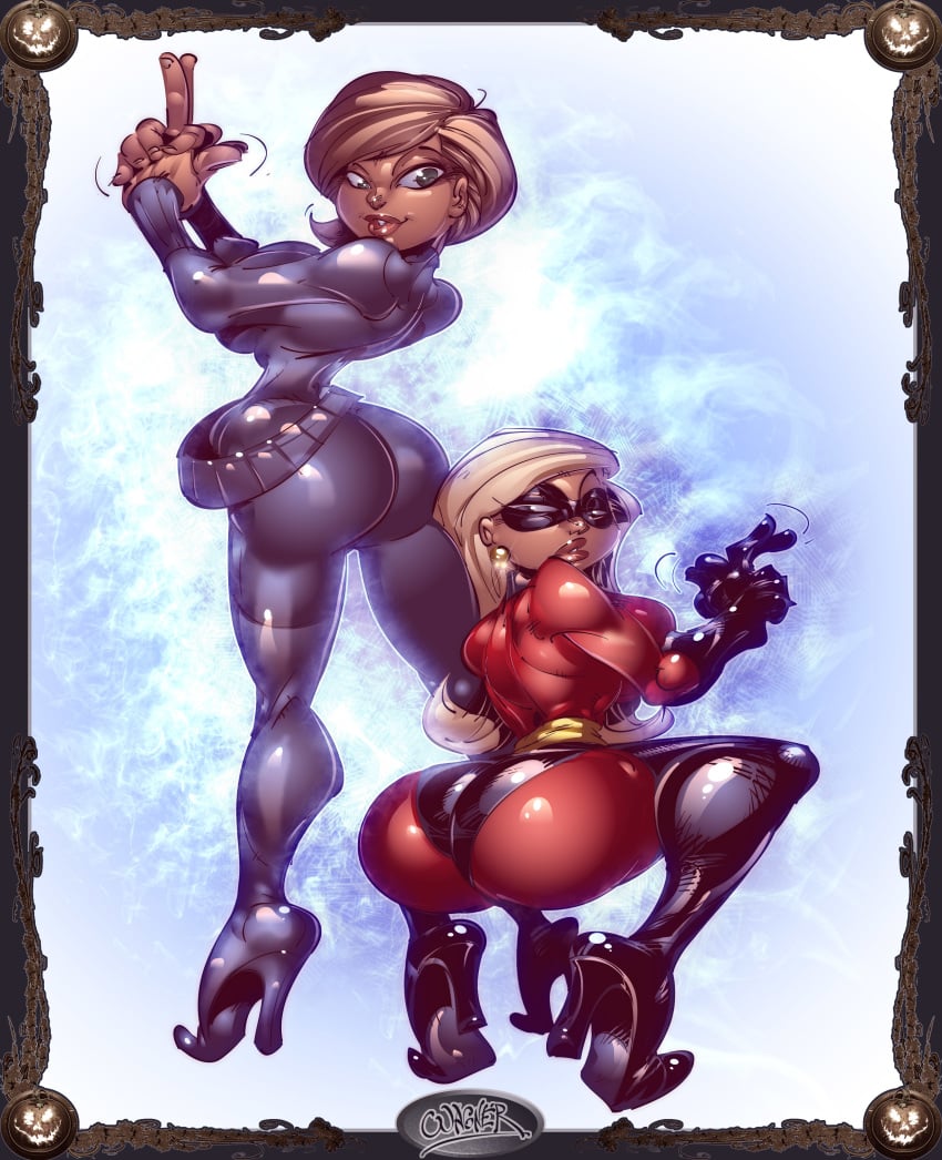 2girls agent_k agent_k_(cosplay) ass blonde_hair brown_hair clothed clothing cosplay crossover disney elastigirl_(cosplay) female female_only fully_clothed halloween helen_parr long_hair milf multiple_girls pixar shiny shiny_skin smooth_skin the_incredibles the_replacements wagner wide_hips