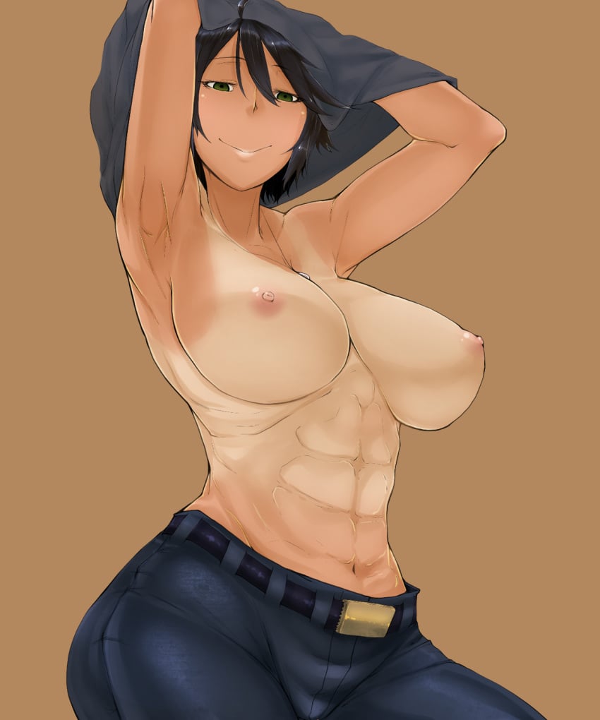 abs armpits arms_up bakuya belt black_hair breasts brown_background chequita commentary_request denim dog_tags female green_eyes highres huge_breasts jeans jormungand looking_down navel nipples one-piece_tan pants shirt_over_head short_hair simple_background smile solo tan tanlines topless