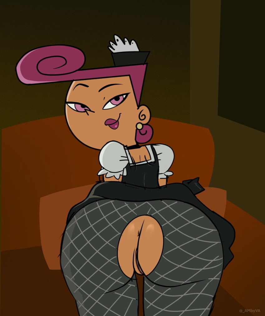 2d aged_up ambyva anus ass fishnet_stockings humanoid maid maid_hat maid_uniform milf pink_eyes pink_hair pink_lipstick pussy pussy_lips ripped_stockings short_hair the_fairly_oddparents wanda wanda_fairywinkle-cosma watermark