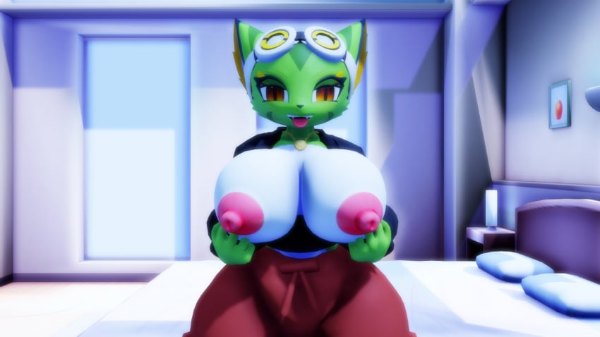 anthro corazon_tea feline female freedom_planet freedom_planet_2 half-closed_eyes looking_at_viewer sahanovazamat tongue tongue_out topless video_games wildcat