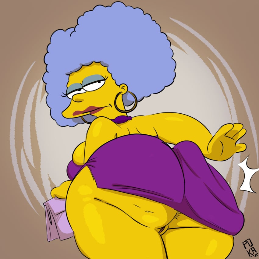 1girls 20th_century_fox bent_over big_ass big_butt earrings grey_hair huge_ass huge_butt mature_female no_panties partially_visible_anus pokachu_(artist) pussy selma_bouvier solo_female the_simpsons upskirt vagina yellow_body yellow_skin