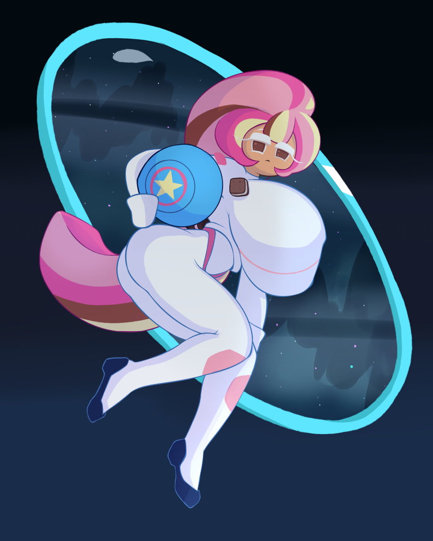 1girls 2024 ass astronaut_cookie astronauts bent_legs big_breasts blonde_hair breasts breasts_bigger_than_head brown_eyes brown_hair cookie_run floating fromariels galaxy helmet holding_object hourglass_figure huge_breasts long_hair looking_at_viewer massive_breasts multicolored_hair pink_hair simple_background slight_frown space spacesuit star very_long_hair voluptuous