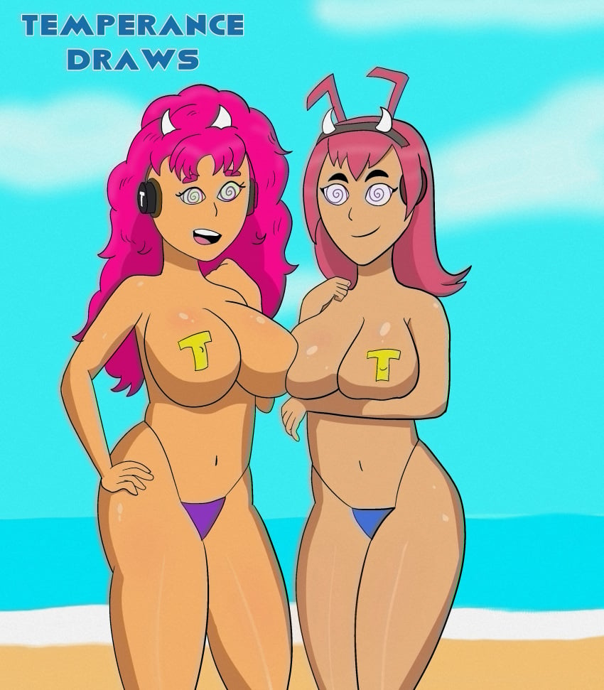 2girls accessory ahoge alien alien_girl alien_humanoid beach bikini bikini_bottom brainwashed brainwashing breasts dc dc_comics dcau hand_on_hip headphones holding_up_breasts hypnosis hypnotized kole koriand&#039;r long_hair mind_control open_mouth orange_skin pasties pink_hair short_hair smile starfire teen_titans temperancedraws