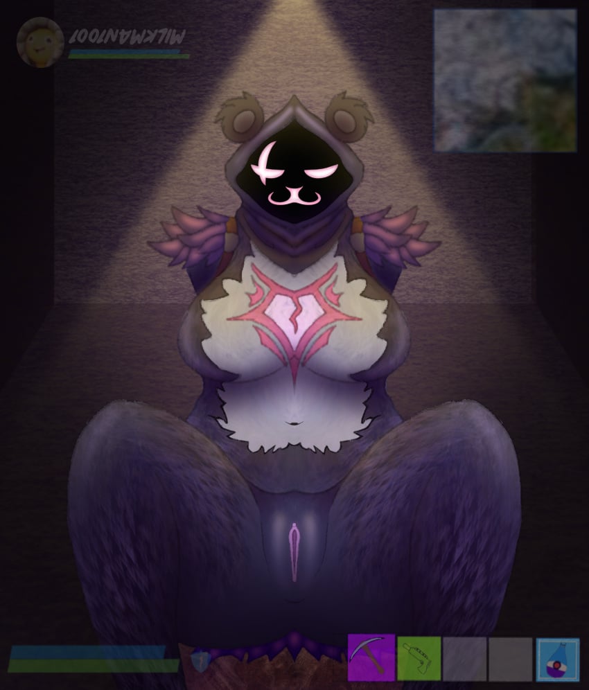 anthro ass bear big_breasts breasts clothed clothing digital_media_(artwork) epic_games eye_contact eye_scar facial_scar female fortnite fur genitals hi_res humanoid looking_at_another looking_at_viewer mammal nude presenting purple_body pussy raven_team_leader scar simple_background solo text thick_thighs xenolith0