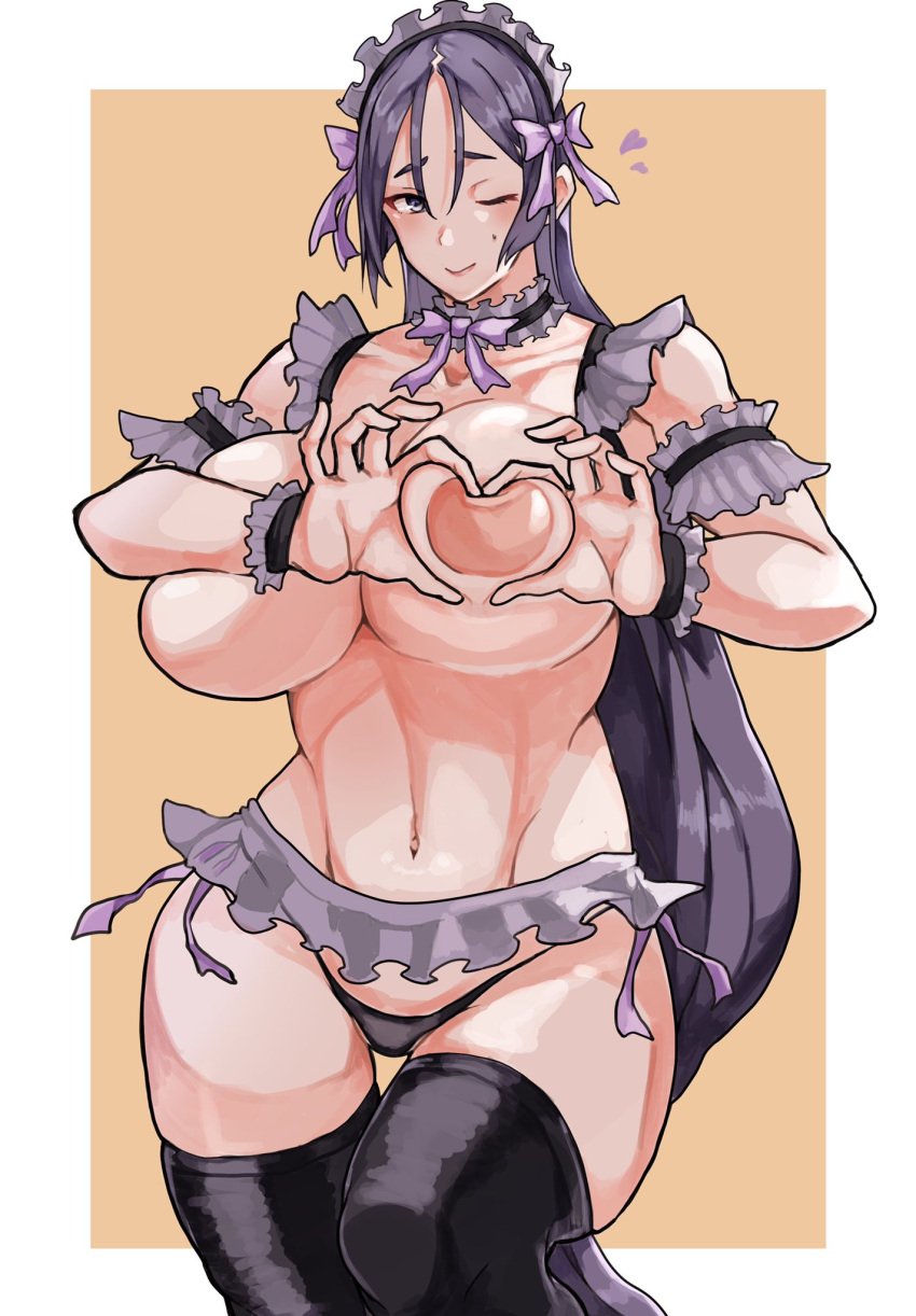 1girls black_thighhighs boob_heart breasts choker fate/grand_order fate_(series) female frills heart heart_hands highres huge_breasts long_hair maid maid_headdress minamoto_no_raikou_(fate) minamoto_no_raikou_(fate/grand_order) nipples one_eye_closed panties purple_eyes purple_hair ribbon solo thighhighs topless underwear very_long_hair wink yamadare