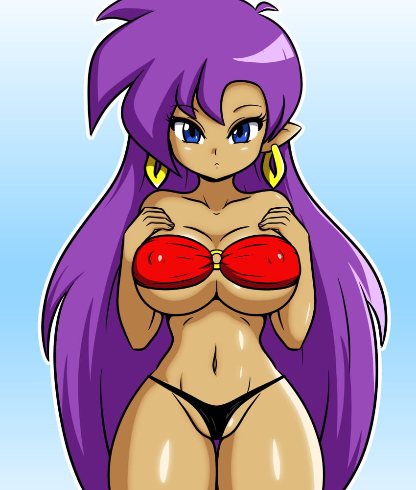 1girls big_breasts big_breasts bikini black_thong blue_eyes breasts breasts cloudex ear_piercing earrings female female_only long_hair looking_at_viewer purple_hair shantae shantae_(character) solo solo_female thong