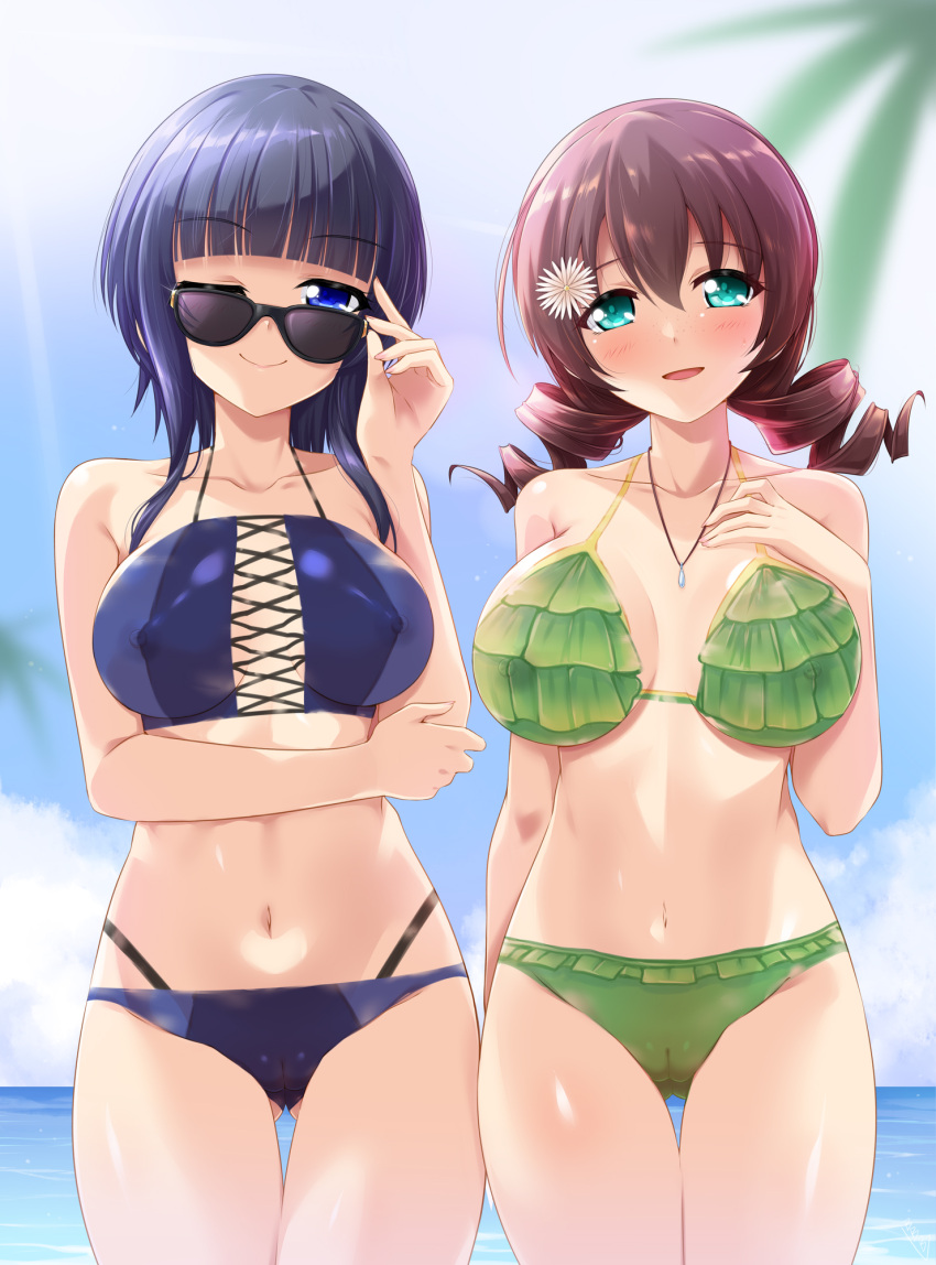 2girls asaka_karin blue_sky blush bodypaint breasts bunji completely_nude emma_verde flower_in_hair large_breasts light_skin looking_at_viewer love_live! love_live!_nijigasaki_high_school_idol_club multiple_girls navel nipples nude ocean open_mouth painted_clothes pussy sky smile sunglasses thigh_gap water