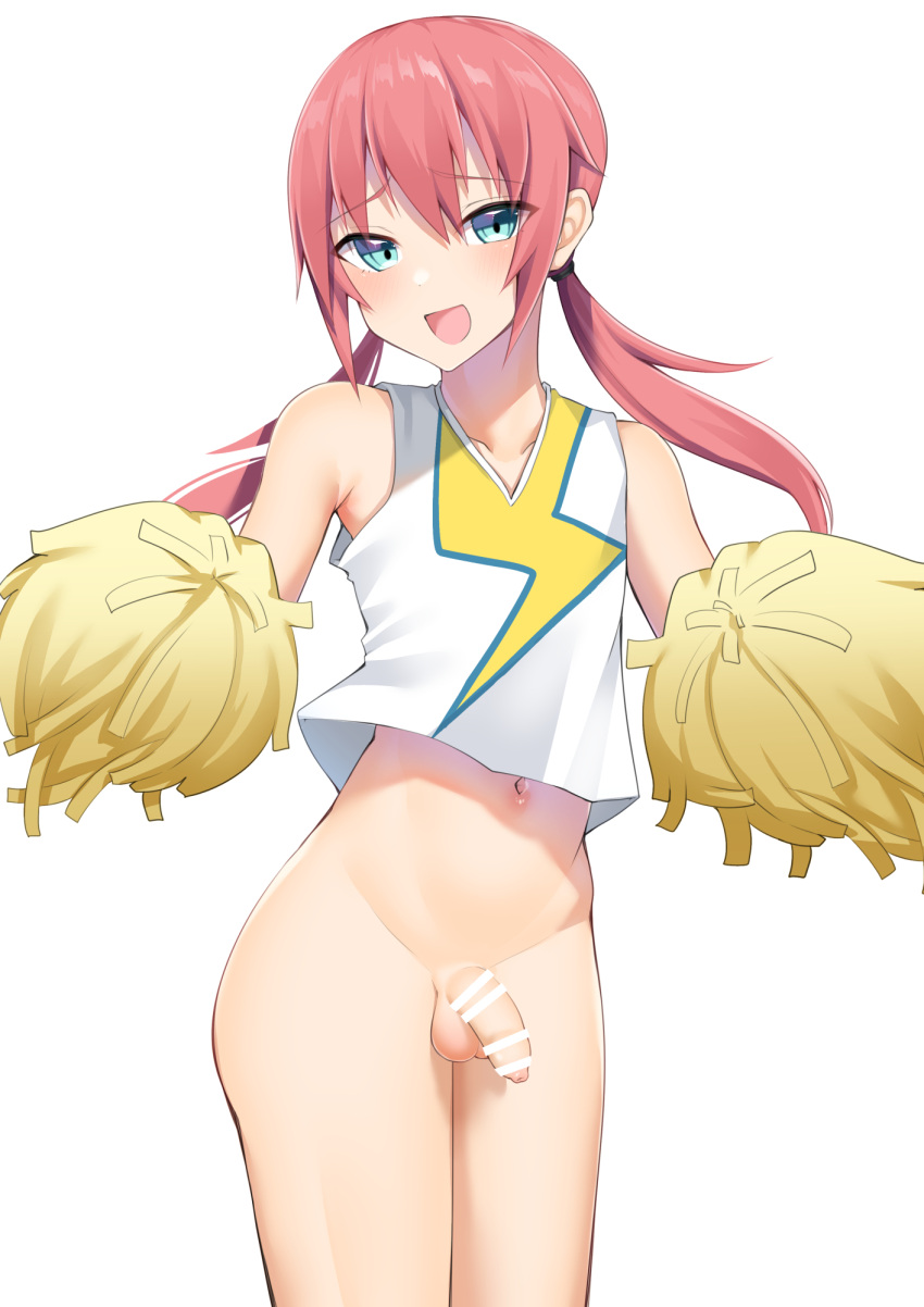 1boy aqua_eyes bar_censor blush bottomless censored cheerleader collarbone cowboy_shot crossdressing femboy feminine_male flaccid girly highres holding holding_pom_poms inazuma_eleven_(series) kirino_ranmaru kitajima_yuuki lifted_by_self long_hair looking_at_viewer male male_only navel open_mouth otoko_no_ko penis penis_out pink_hair pom_pom_(cheerleading) ranmaru_kirino shirt simple_background sleeveless sleeveless_shirt small_penis smile smiling_at_viewer solo testicles trap twintails two-tone_shirt variant_set white_background