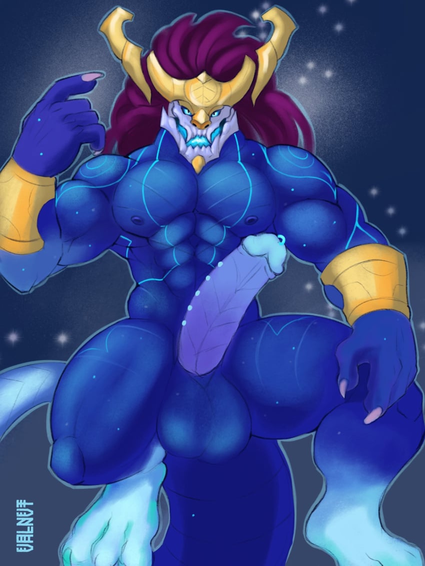 abs anthro aurelion_sol aurelion_sol_(lol) balls barazoku biceps big_balls big_penis blue_body blue_eyes blue_tongue bracelet claws cosmic_fur crown digital_media_(artwork) dragon erection floating genitals glowing glowing_body glowing_eyes hair headgear hi_res huge_balls huge_cock humanoid_genitalia humanoid_penis jewelry league_of_legends looking_at_viewer male markings multicolored_body muscular muscular_anthro muscular_male muscular_thighs mythology nipples nude open_mouth pecs penile penis piercing purple_hair riot_games scalie simple_background smile solo solo_male tail teeth tongue valnvt