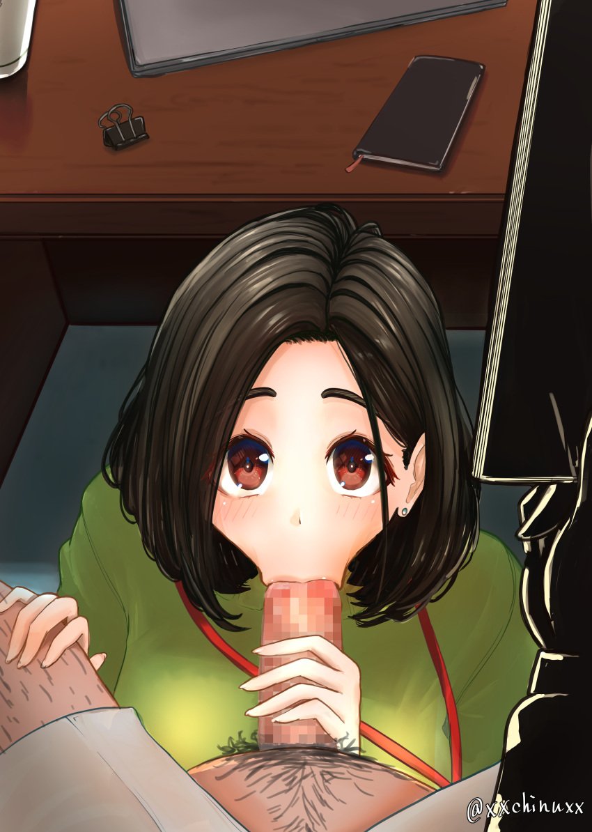 1boy 1girls big_penis black_hair blowjob blush breasts breasts_bigger_than_head grabbing green_clothing hi_res highres holding lace looking_at_viewer mosaic_censoring penis pov president_(xxchinuxx) red_eyes secretary_(xxchinuxx) shirt short_hair smile thick_eyebrows under_the_table xxchinuxx