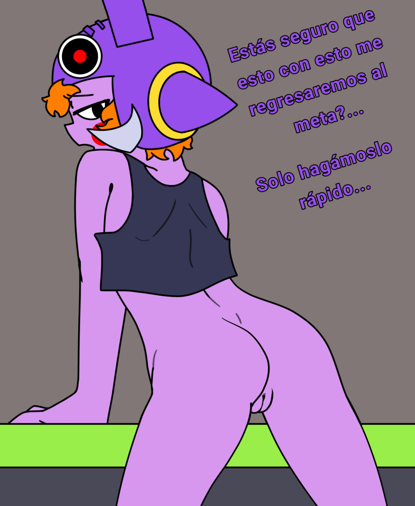 (mirius) ass bea_(brawl_stars) brawl_stars looking_at_viewer looking_back mega_beetle_bea_(brawl_stars) purple_skin pussy spanish_text