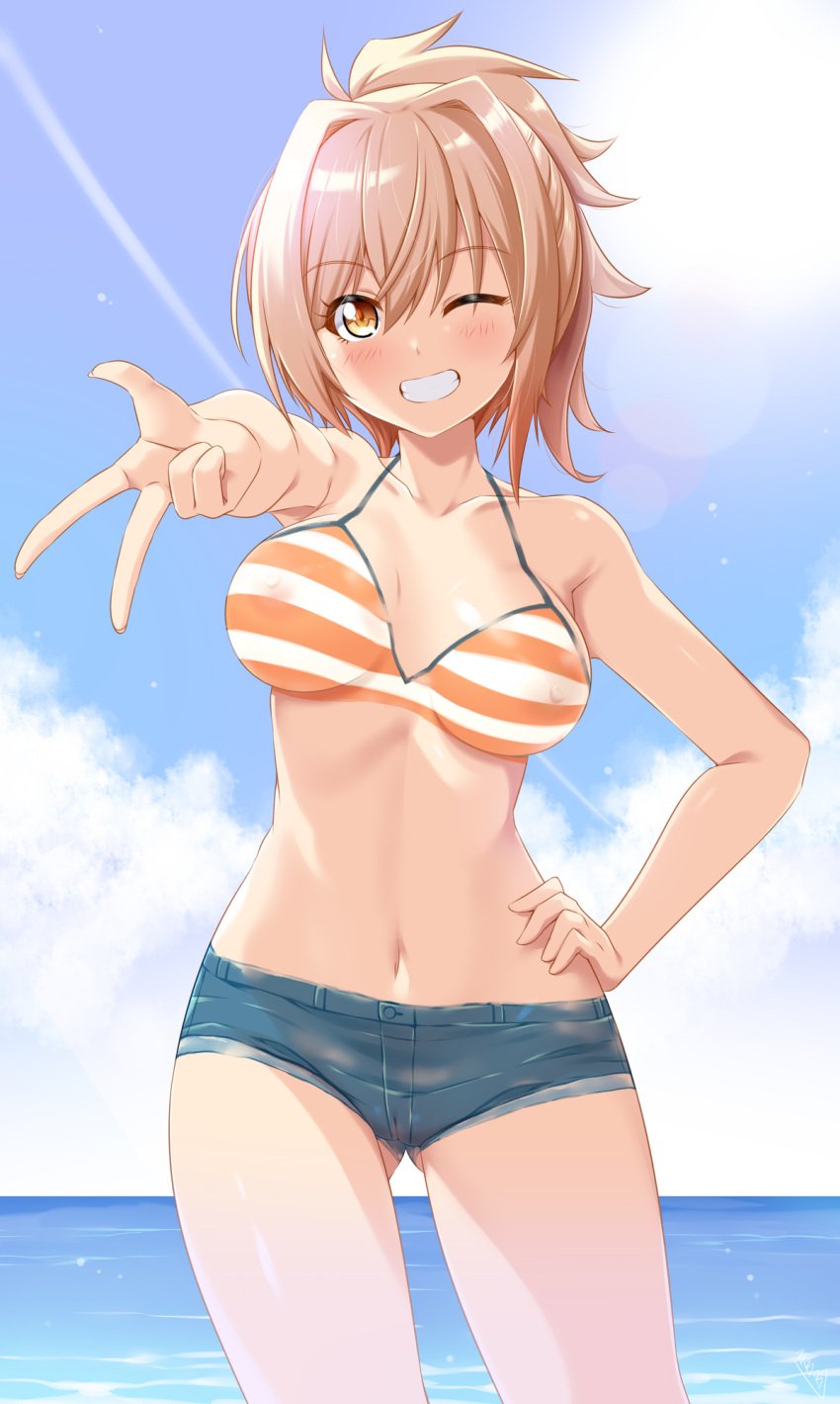 1girls blue_sky blush bodypaint breasts bunji completely_nude curvy hand_on_hip love_live! love_live!_nijigasaki_high_school_idol_club miyashita_ai navel nipples nude ocean one_eye_closed painted_clothes pussy sky smile standing water wide_hips wink