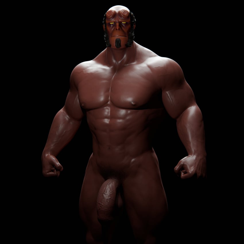 1boy 3d 3d_(artwork) abs absurd_res balls biceps demon flaccid genitals hellboy hellboy_(series) hi_res humanoid male male_only muscular muscular_humanoid muscular_male nipples nude pecs penis red_body red_skin solo voluox yellow_eyes