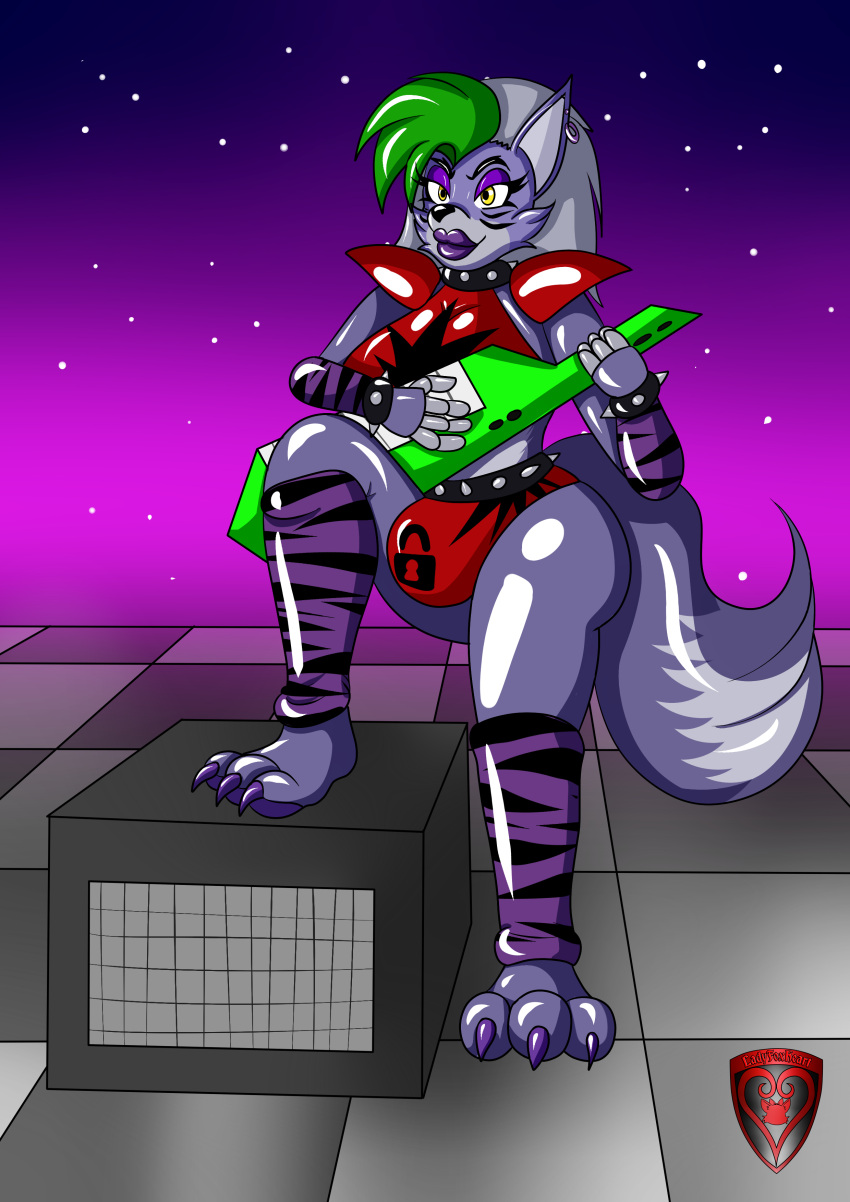 absurd_res animatronic anthro bodysuit bulge clothing five_nights_at_freddy's five_nights_at_freddy's:_security_breach gynomorph hi_res intersex intersex_only keyboard_instrument keytar ladyfoxheart latex latex_clothing machine mask musical_instrument null_bulge paws robot roxanne_wolf_(fnaf) scottgames skinsuit solo steel_wool_studios tight_clothing